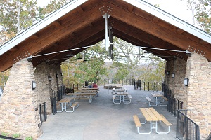 looking inside the stone and wood large shelter