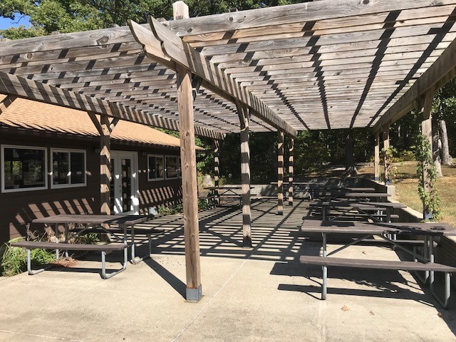 Picnic tables on outdoor patio