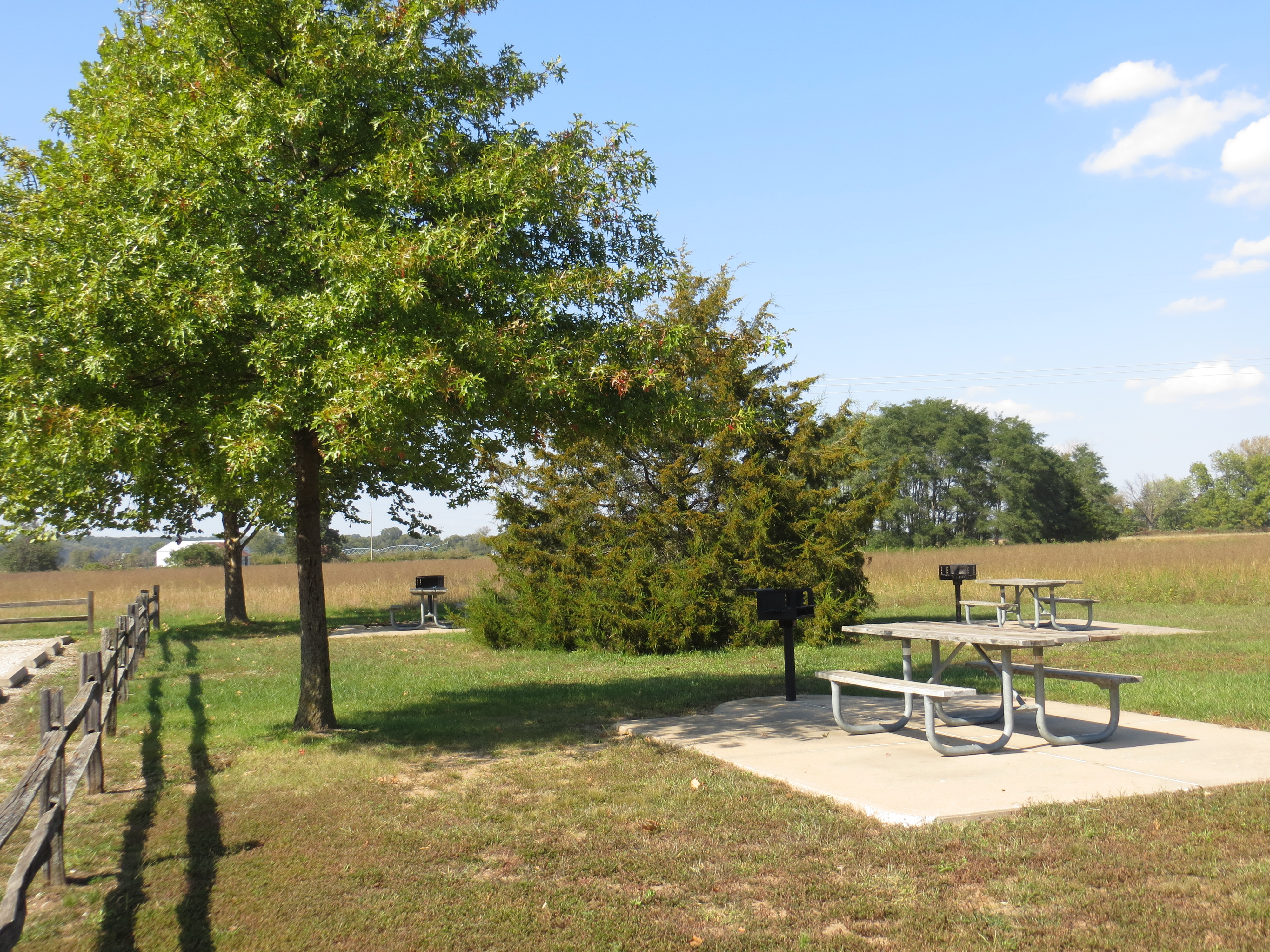 a picnic table on a concrete pad and a grill