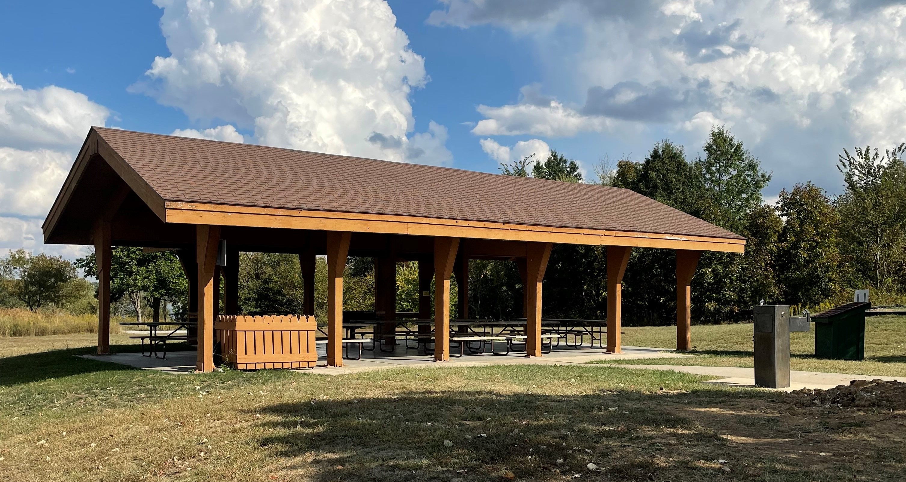 Open picnic shelter and water fountain