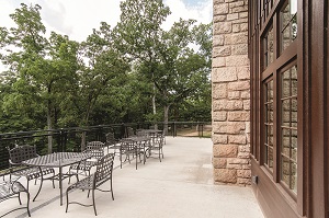 metal patio furniture outside of the lodge