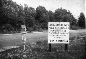 Old photo of a Lake Ozark State Park Public Recreation Area sign