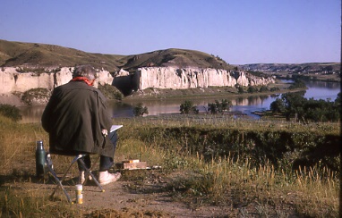 Benton sketching a lake