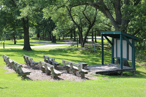 wooden benches and amphitheater stage