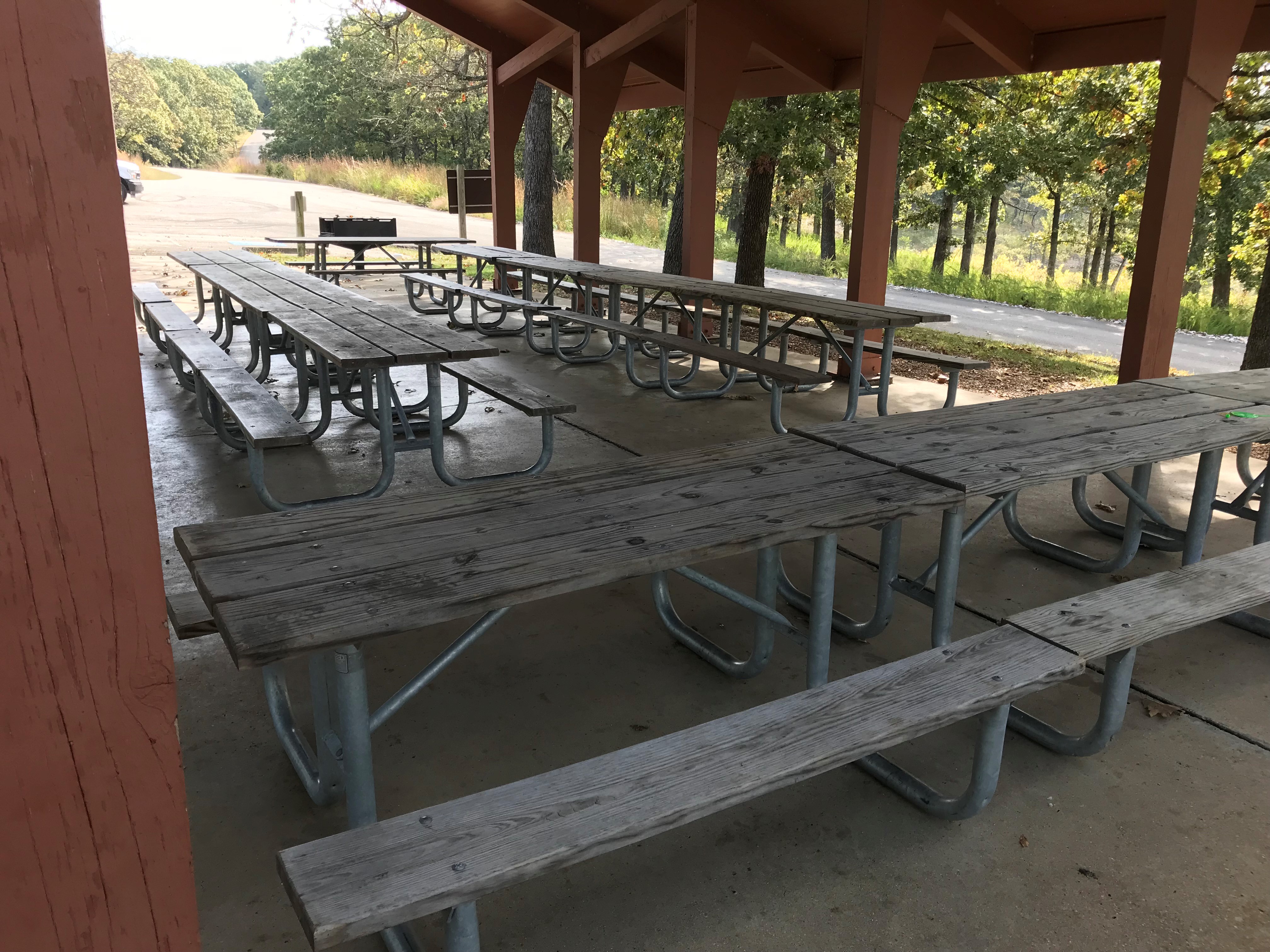 Picnic tables inside the open shelter