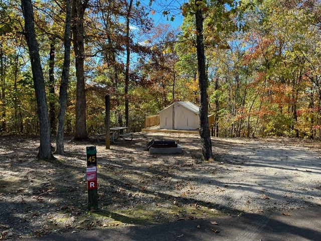 A wooden campsite post with an R and the number 45 stands in front of a fire ring and a wooden picnic table in a shady area. Behind these, a closed beige-colored canvas tent rests on a wooden platform against a backdrop of trees draped in orange, yellow and green foliage.