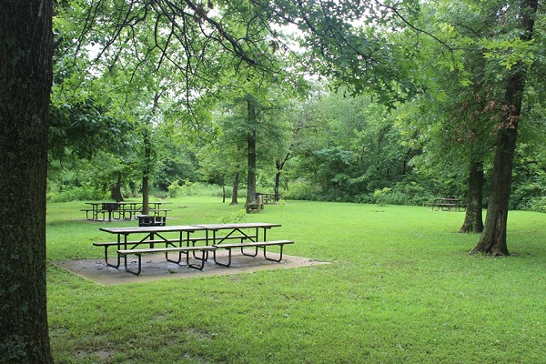 two picnic tables on a concrete slab next to a grill in a shaded picnic area