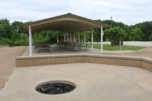 a group fire pit with the picnic shelter in the background