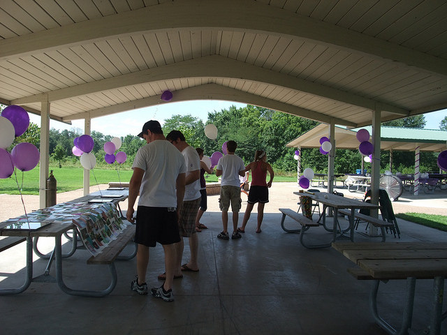 People using one of the shelters