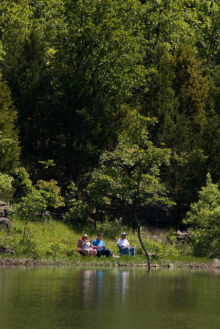 three people fishing from the shore of the lake