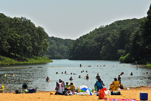 people on the beach and swimming in the lake