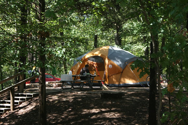 tent set up on one of the platforms sites under lots of shade trees