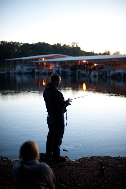 man standing on the bank fishing in the lake