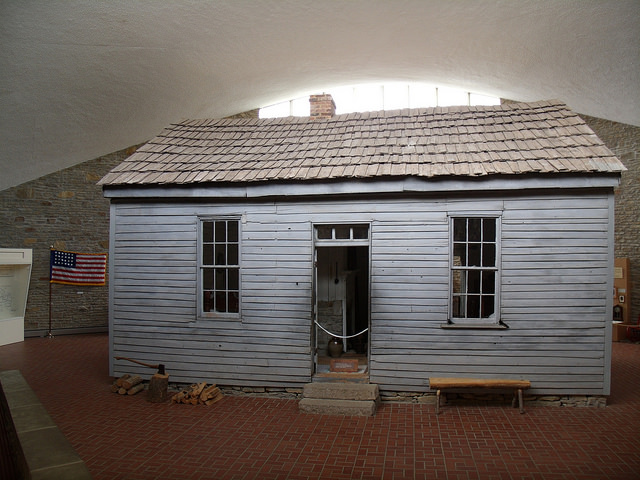 the small cabin where Twain was born sits inside the museum