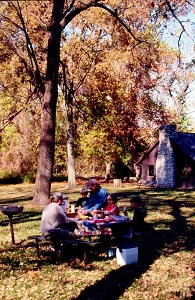 a family enjoys a picnic luncg at a picnic table under large shade trees