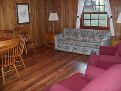 a couch, two chairs and a table with chairs inside a cabin
