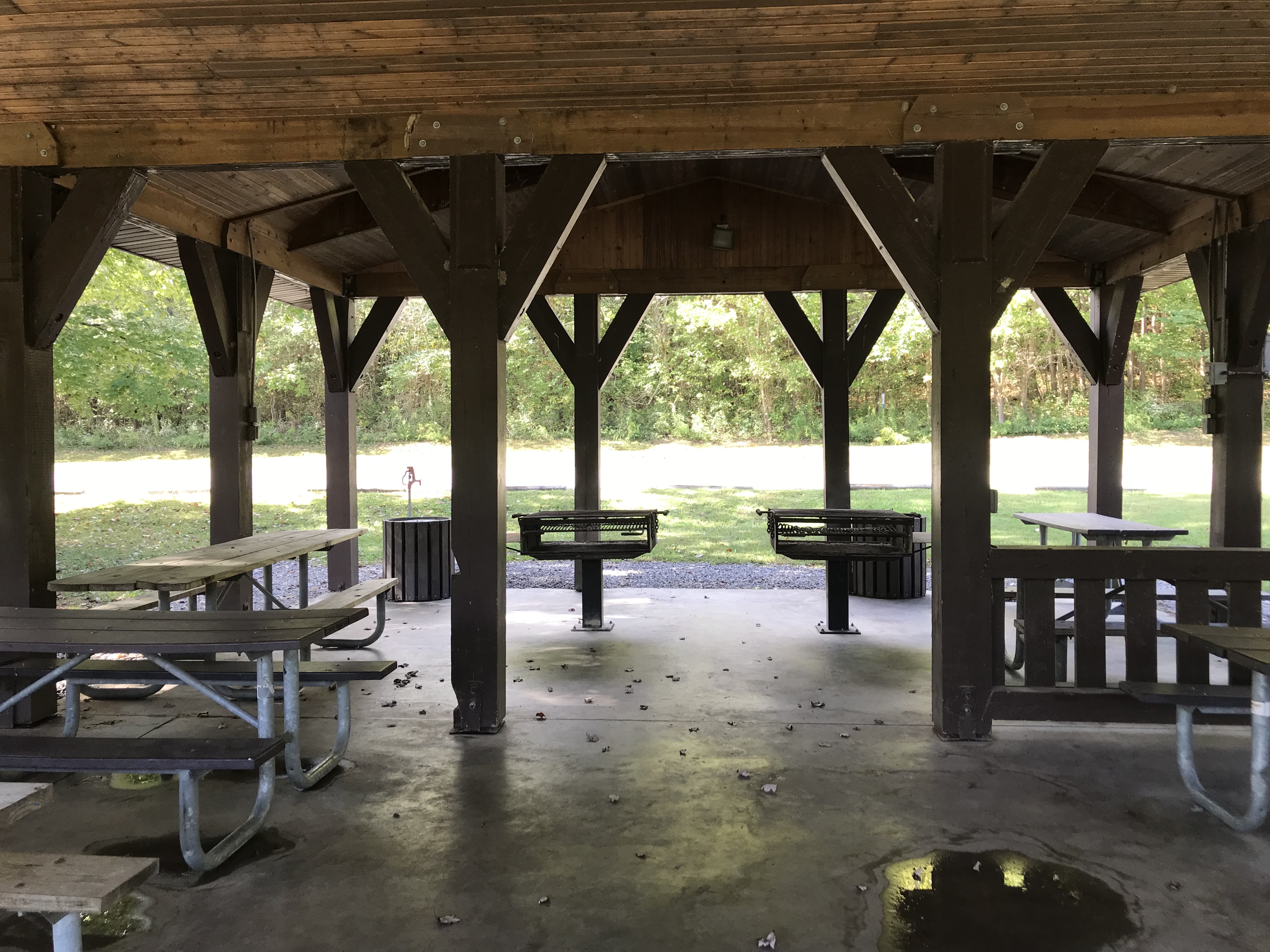 Picnic tables and grills under the roof of the shelter