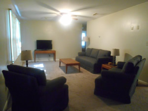 living room with a couch and two chairs in the lake house