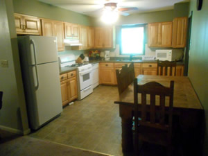 kitchen with refridgerater, stove and dining table and chairs