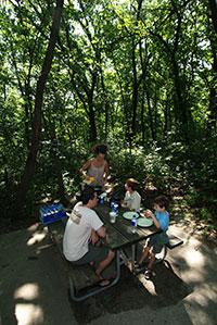a family of four enjoys lunch at a shaded picnic table