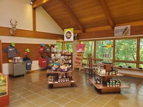 T-shirts and other items on display in the gift shop