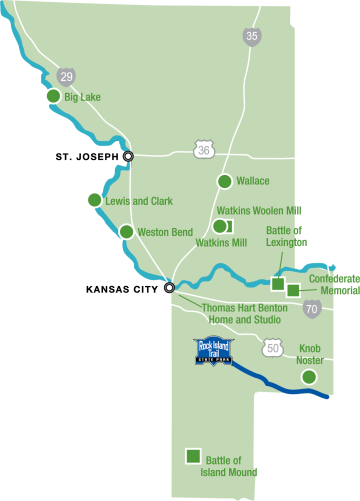Map showing parks and sites in the Kansas City region of the state.