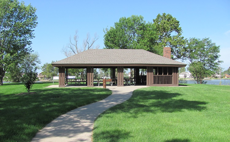 picnic shelter with the lake in the background