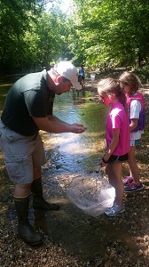 a park naturalist shows two kids some aquatic life in the stream