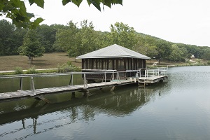exterior of the boat house shelter on the lake