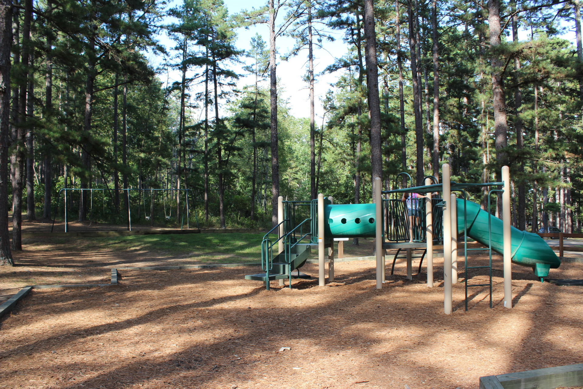 playground equipment with slide in a shaded setting