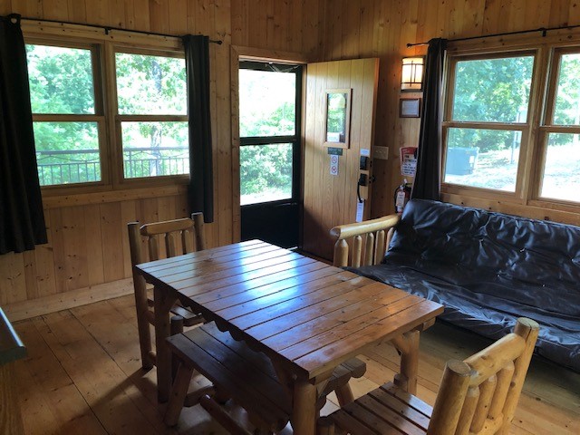 table and  futon in cabin