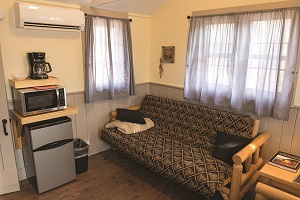 couch/futon and mini fridge, microwave and coffee maker inside one of the cabins