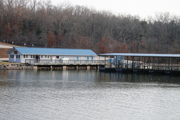 photo of the marina and boat slips taken from the lake