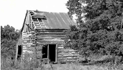 Black and white photo of a log cabin