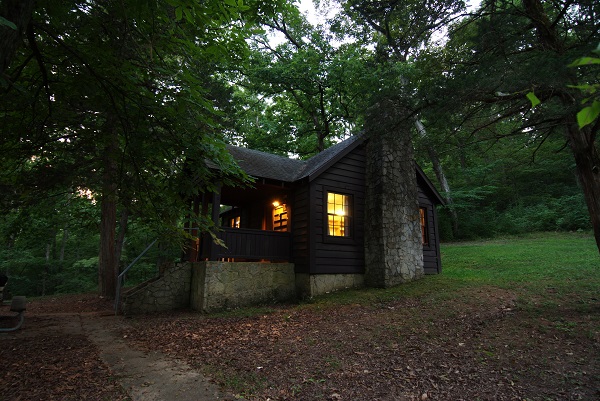 exterior of a cabin at dusk