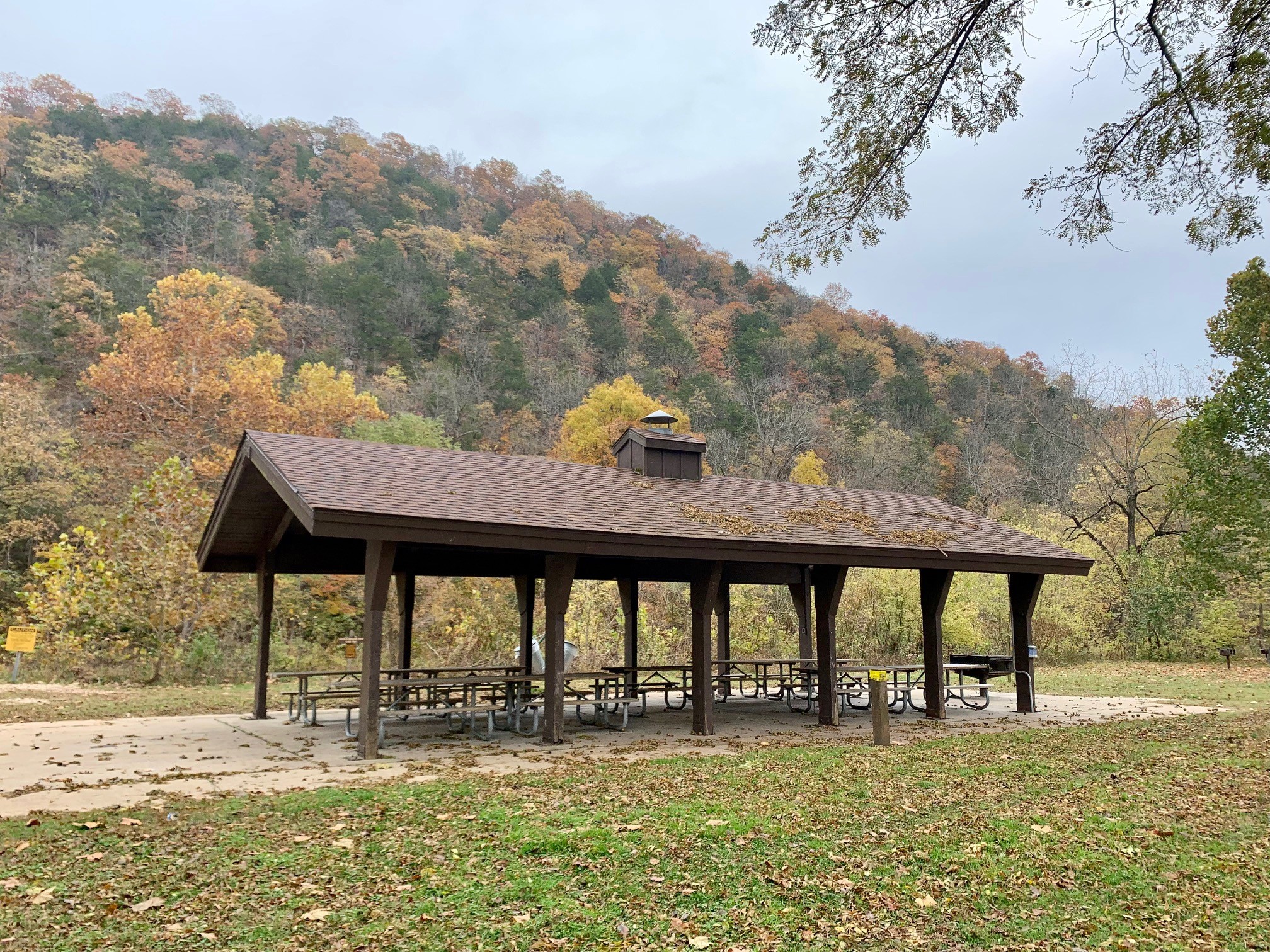 Open picnic shelter with a tree-covered hill in the background
