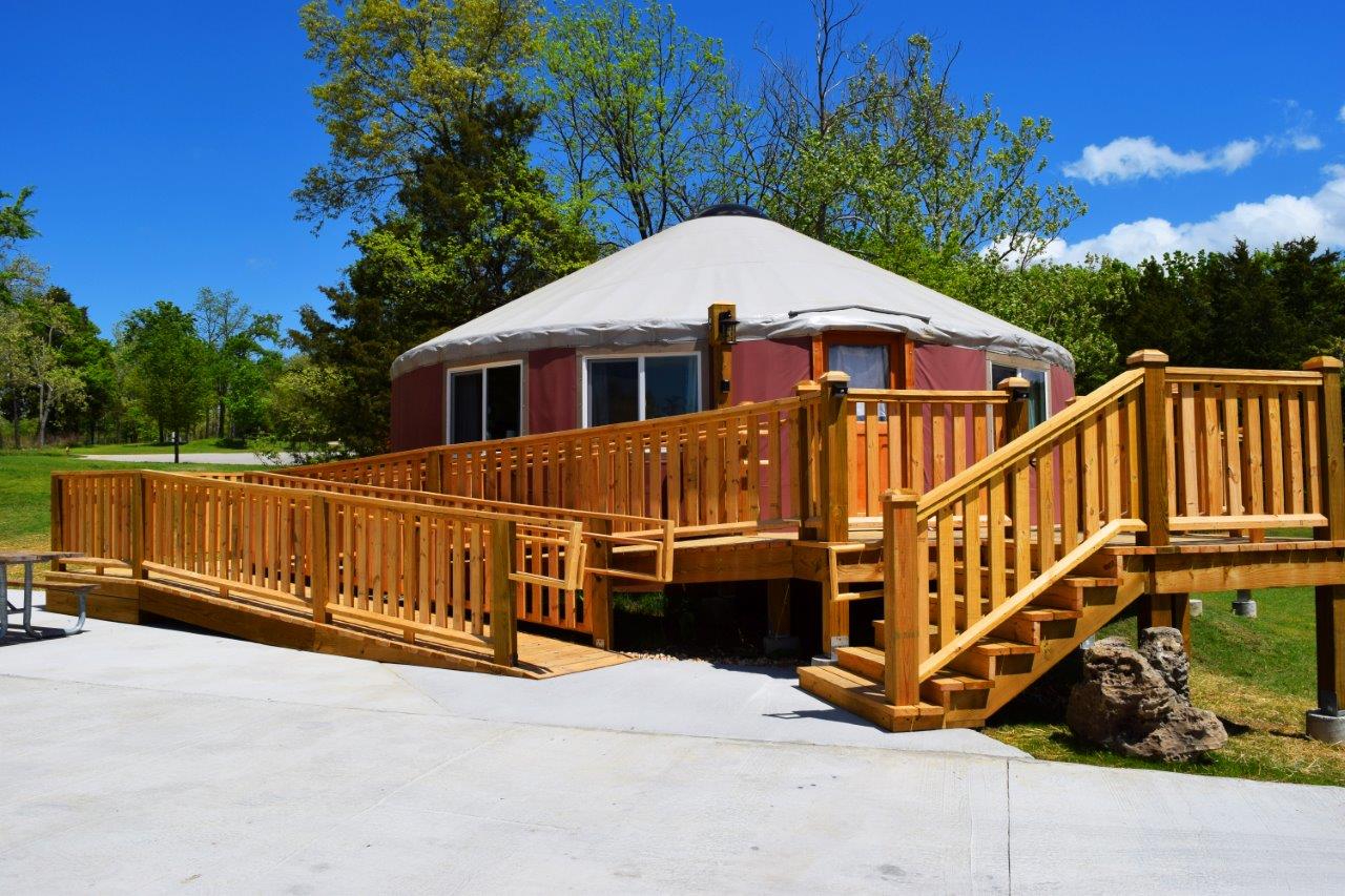 exterior of the yurt and the ramp leading to it