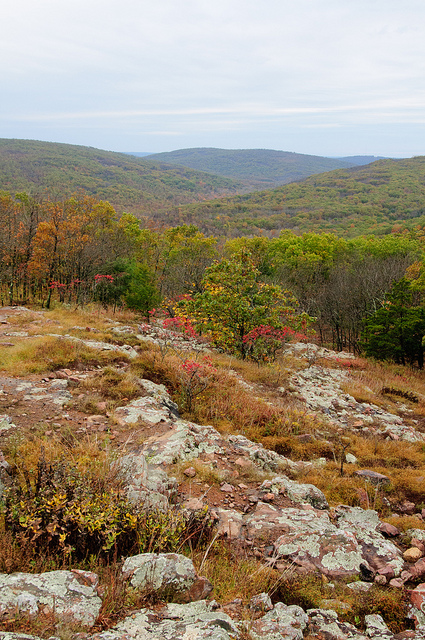 a view from a rocky outcrop of the mountains in the distance dotted with fall color