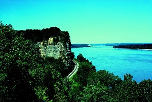 view of the Mississippi River, a bluff and the railroad tracks from the overlook