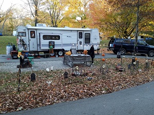 a campsite decorated for Halloween